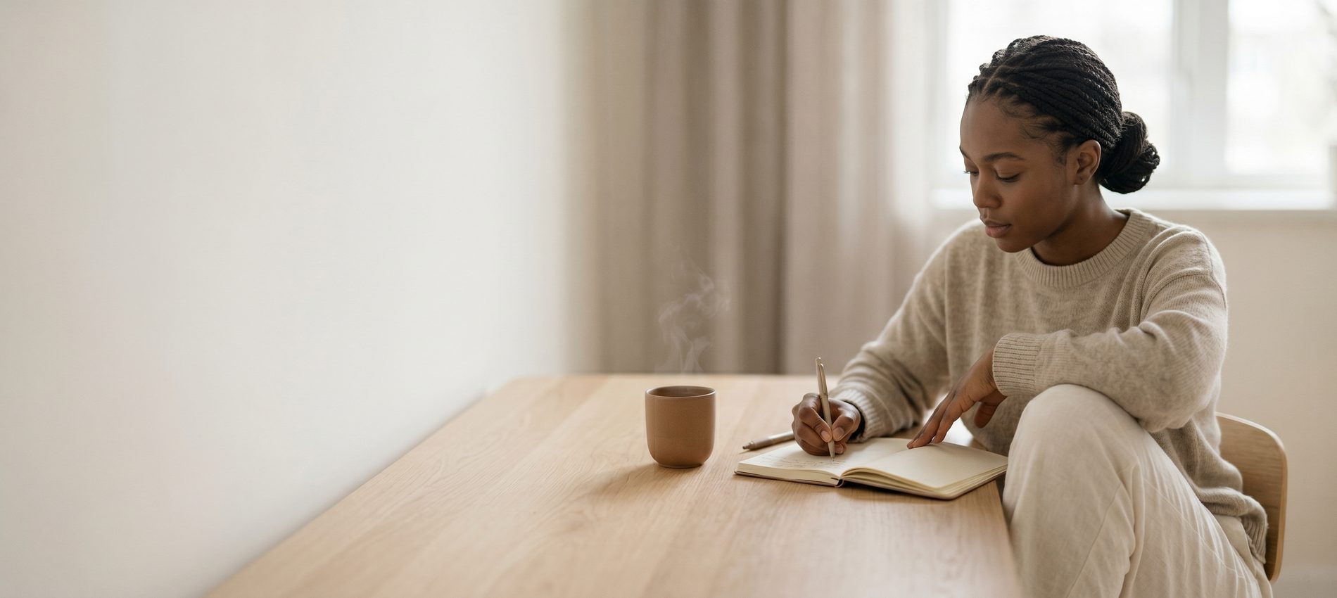A quiet, sunlit table with a notebook and a warm drink, a calm place to read.