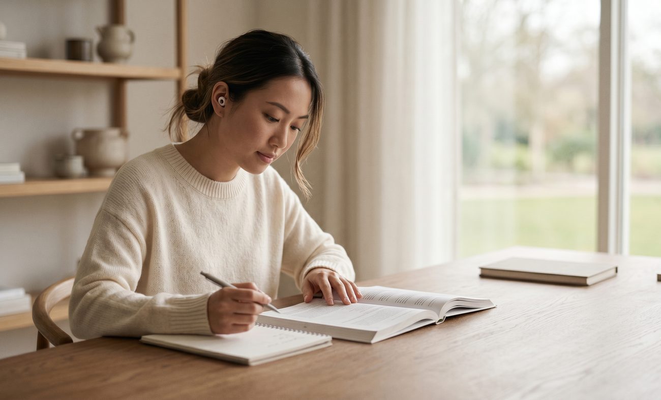 A person writing quietly in a notebook at a sunlit desk.