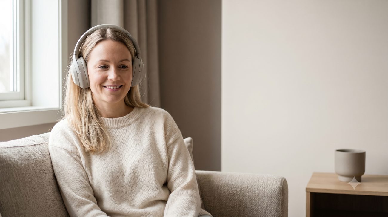 A person sitting calmly by a window wearing headphones, eyes closed.
