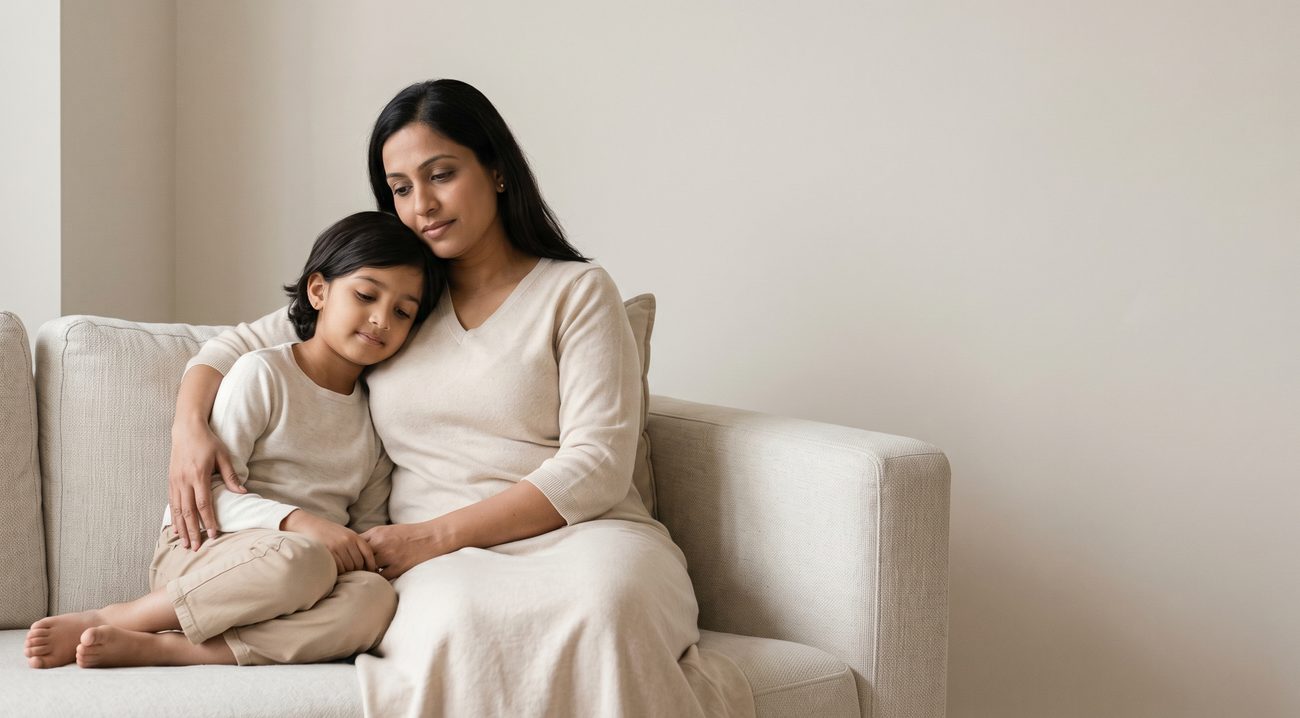 A parent holding a child close on a sofa, both relaxed and content.