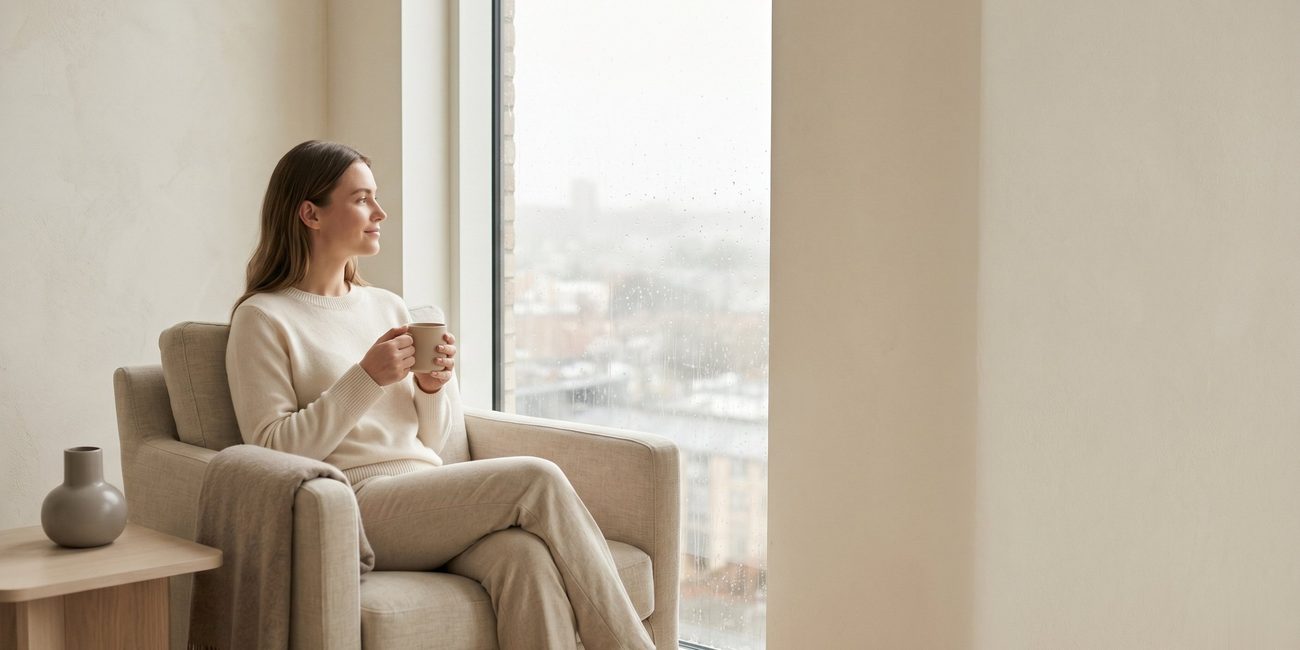 A person sitting peacefully with eyes closed, taking a quiet moment.